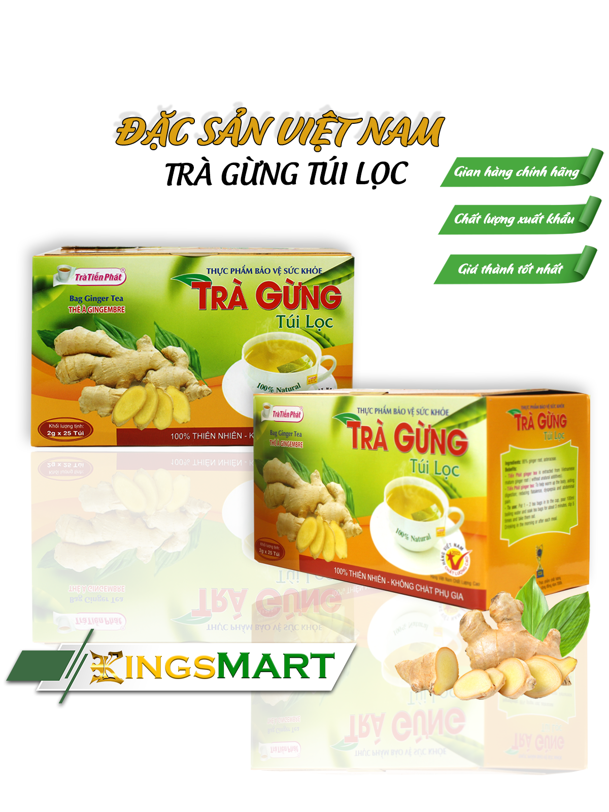 Trà Gừng Túi Lọc 50g - Thương hiệu TIẾN PHÁT - Đặc sản Quy Nhơn - Hộp 25 túi lọc x 2G/Túi lọc - Kingsmart