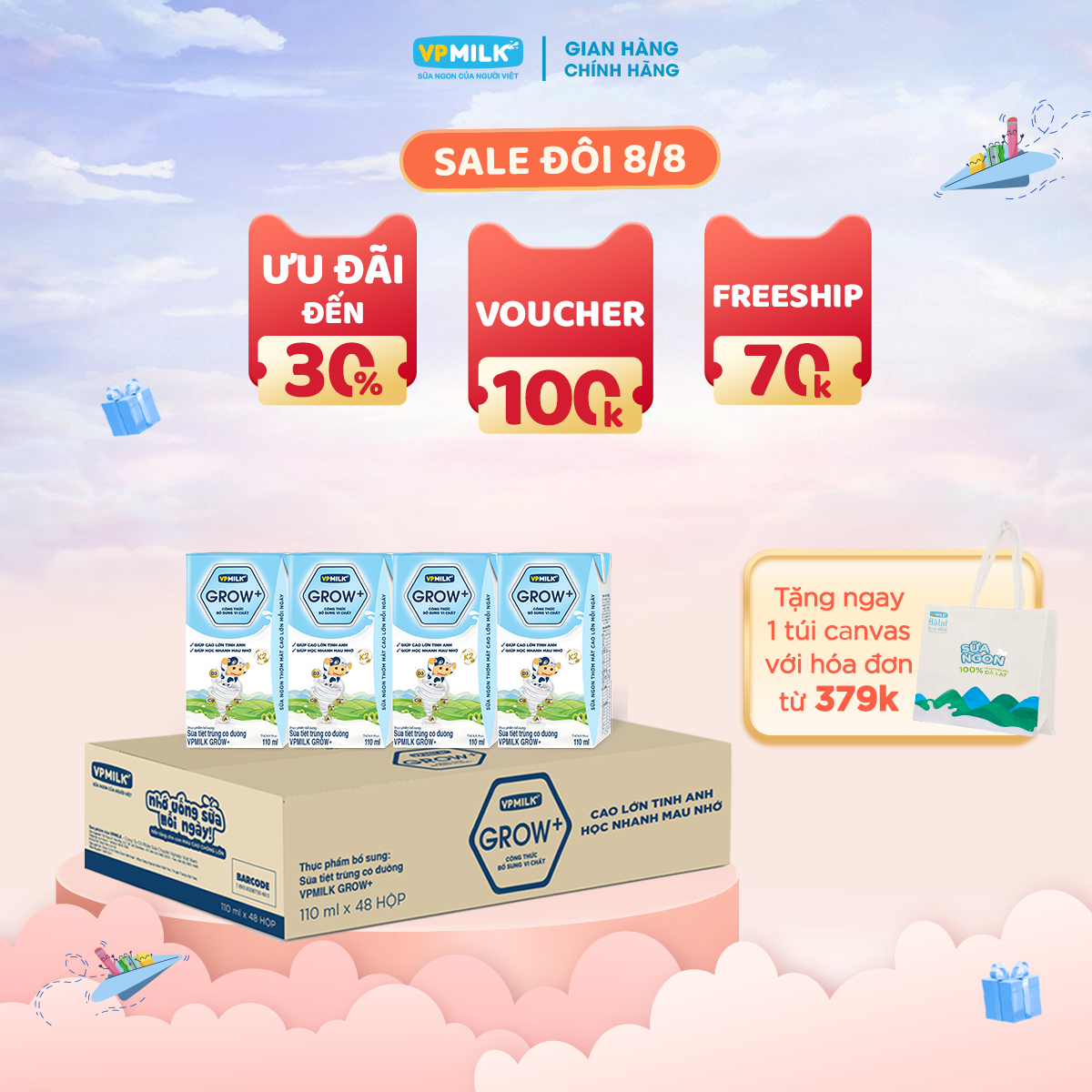 [Thùng 48 Hộp 110ml] Sữa Tiệt Trùng VPMilk Grow+ Có Đường Cho Bé Từ 1 Tuổi