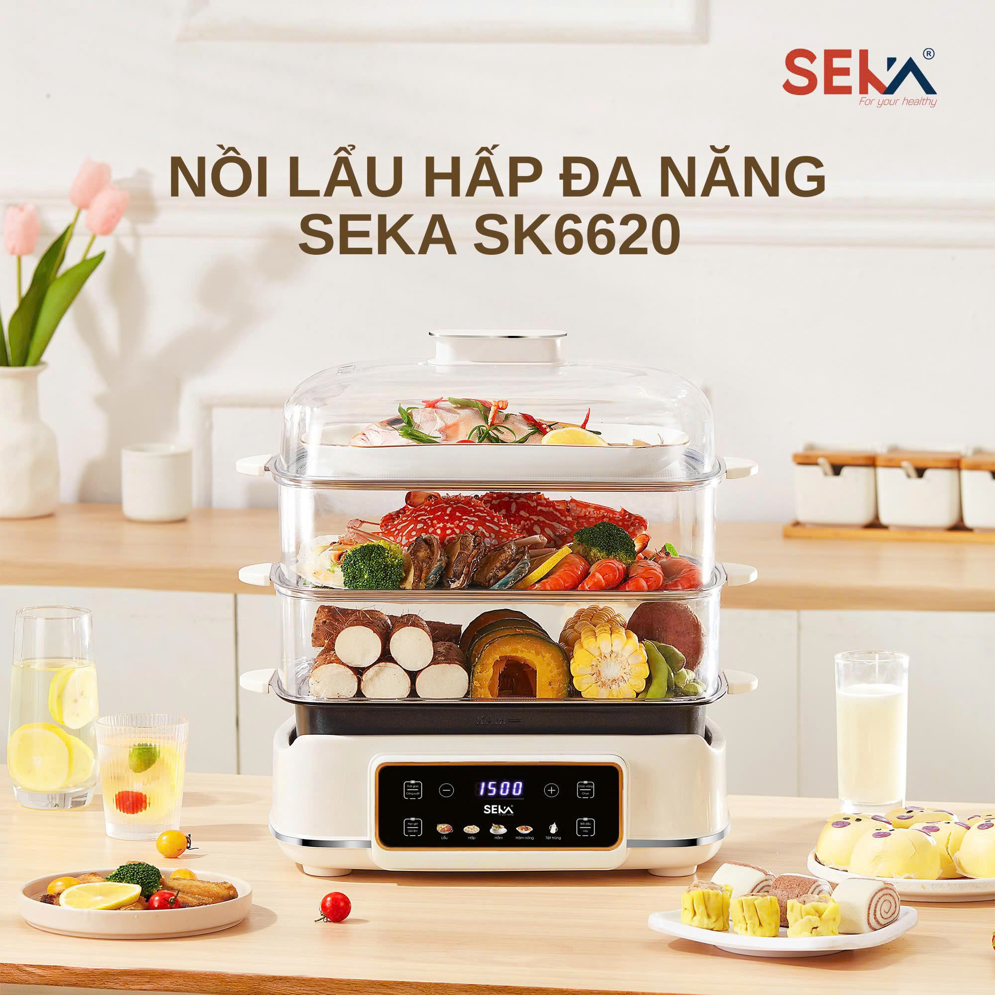 Seka Sk6620 Electric Steamer Seka 24L 2-Layer Electric Steamer with 1500W Capacity to Steam Whole Chicken, Smart Timer Function