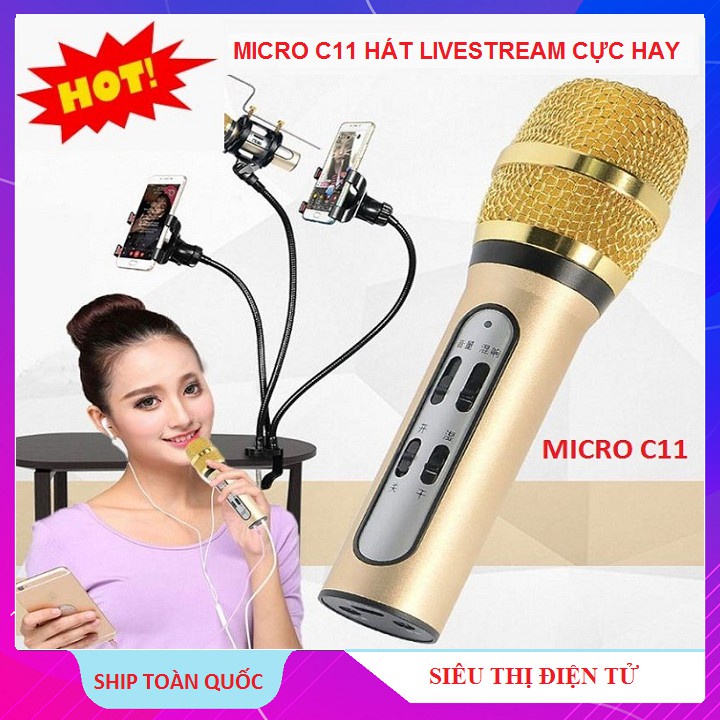 Micro Karaoke Livestream Thu Âm C11 Cao Cấp + Tặng Tai Nghe