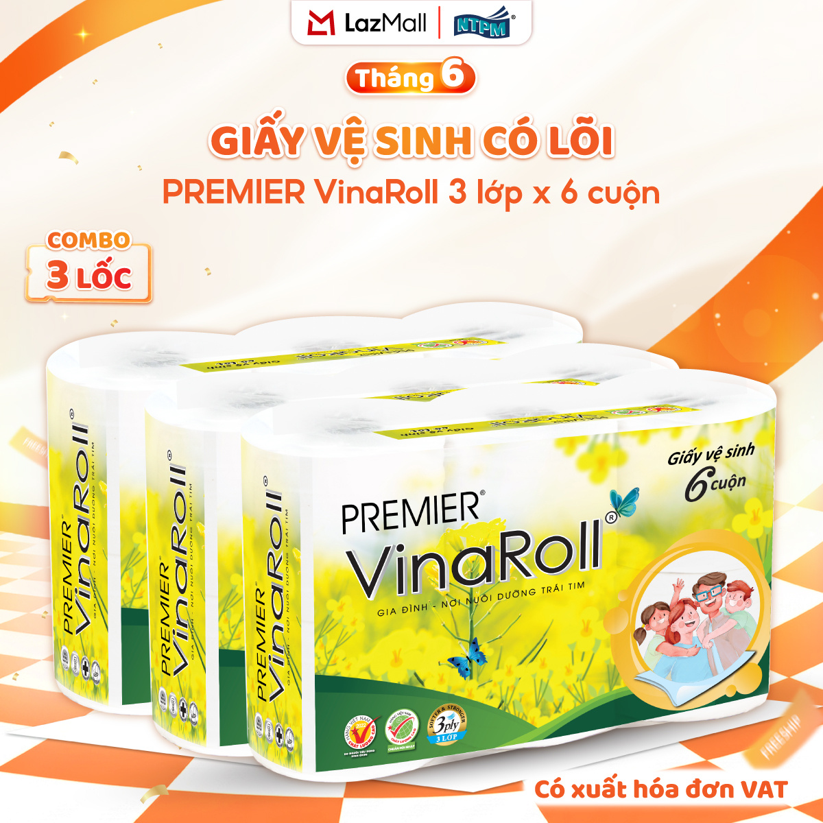[COMBO 3 LỐC] Giấy vệ sinh PREMIER VinaRoll có lõi, 3 lớp - 100% bột giấy nguyên sinh, không chất tẩy, 6 cuộn/lốc - Chính hãng
