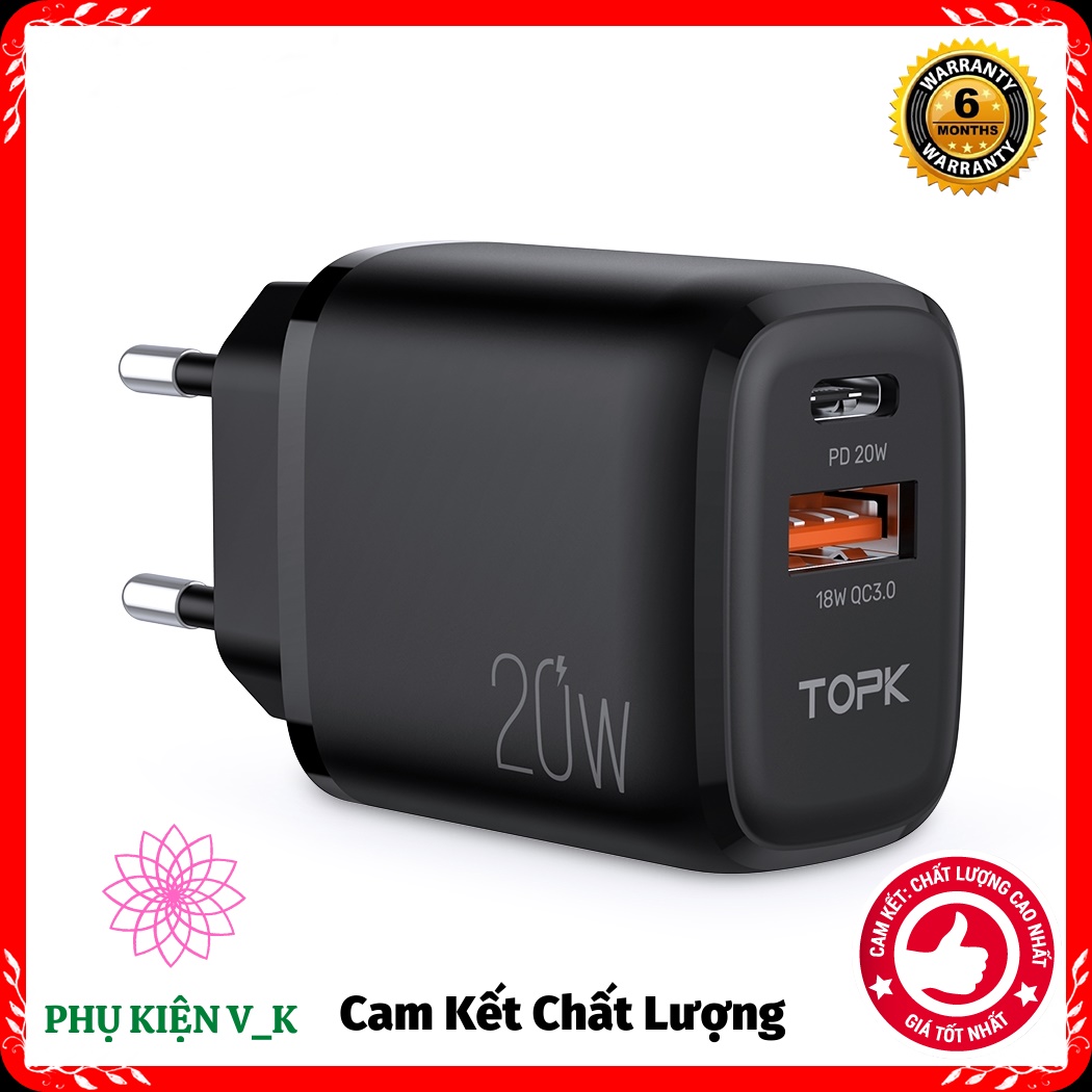 Củ sạc nhanh 20w pd3.0 qc3.0 đầu cắm type c và usb-2 cổng