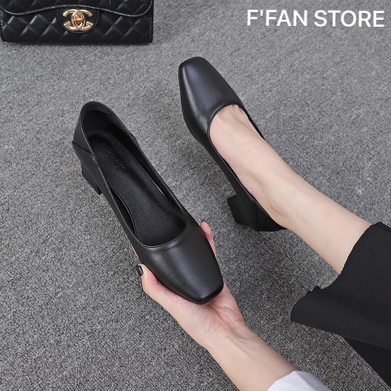 Giày nữ tiếp viên hàng không mũi vuông gót vuông 5 phân [GÓT MỀM - DA THẬT] mềm mại, công sở bít mũi big size FFAN STORE