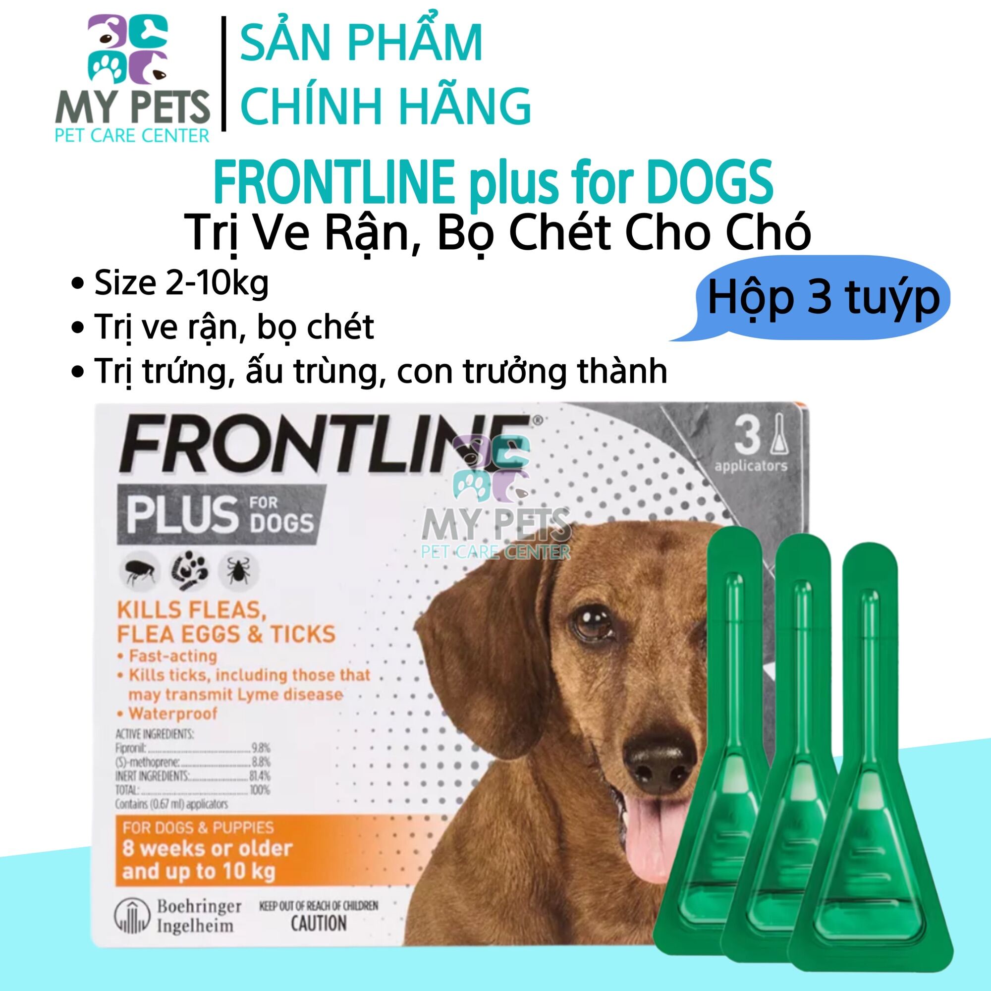Frontline Plus nhỏ gáy hết ve rận, bọ chét cho chó (size 2-10kg) - Hộp 3 tuyp. ( 3 tubes. Full box)