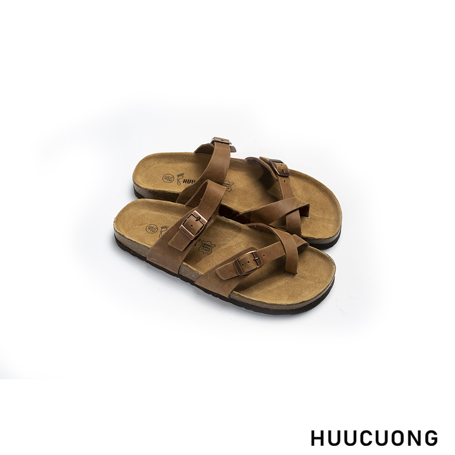 Dép unisex xỏ ngón da bò nâu đế trấu