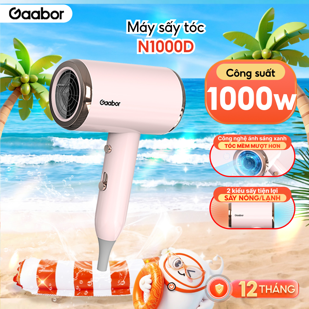 Máy sấy tóc Gaabor N1000D công suất 1000W sấy nhanh 2 chiều nóng lạnh 3 chế độ gió ánh sáng xanh bảo vệ tóc - Bảo hành 12 tháng 1 đổi 1