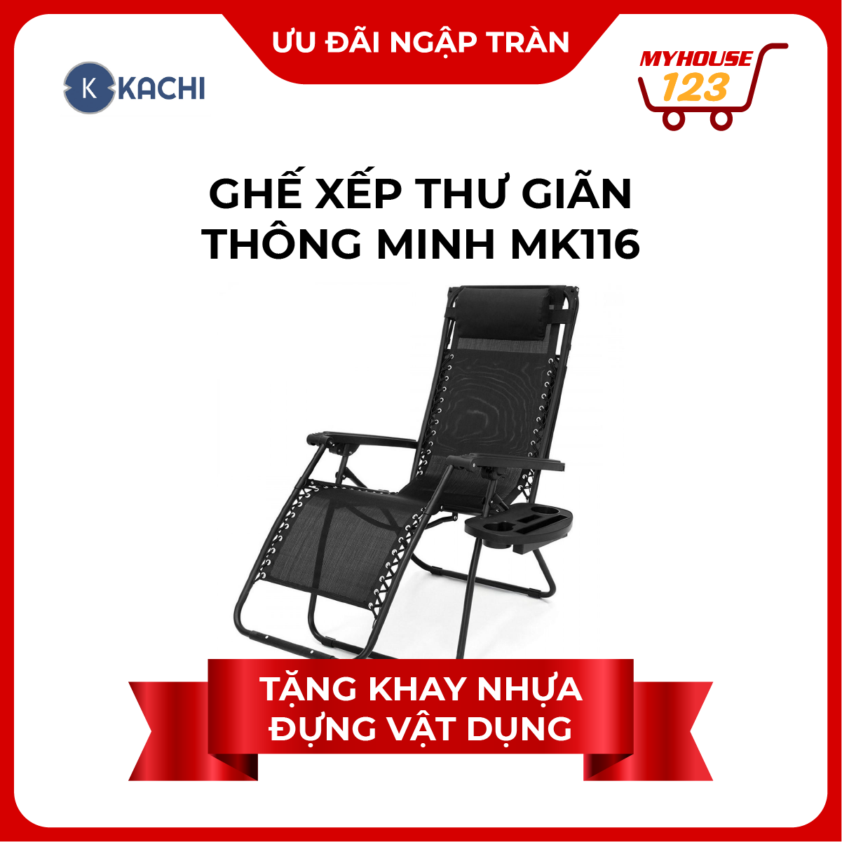 KACHI Ghế xếp thư giãn thông minh MK116 tặng khay nhựa đựng vật dụng