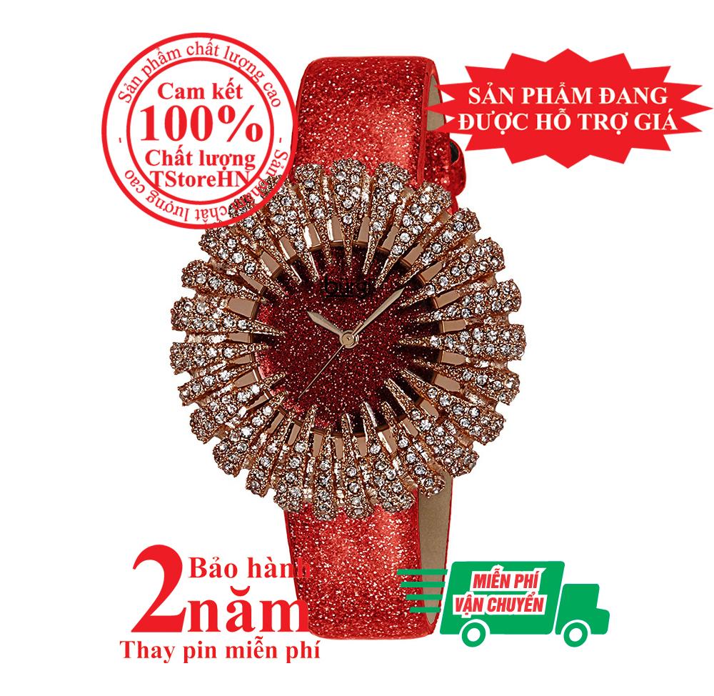 Đồng hồ nữ BURGI bông tuyết BUR112RD, vỏ màu Vàng hồng (Rose Gold), mặt đỏ, nạm pha lê Swarovski cao cấp, dây da đỏ, size 41mm- BUR112RD