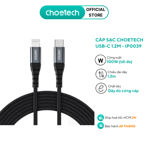Dây cáp choetech mfi usb-c ra lightning 1.2m - ip0039 - black