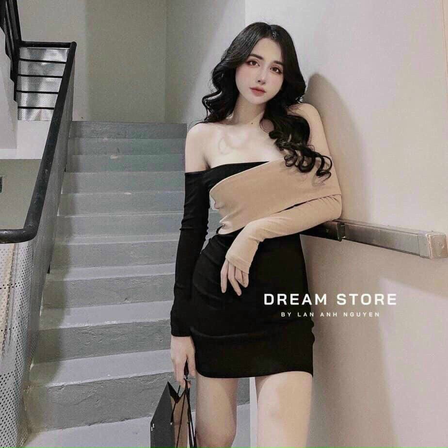 Đầm ôm body lệch vai phối màu cực xinh, tôn dáng cho nàng.. Đầm kiểu body bẹt vai. Đầm body dự tiệc ôm body tay dài thiết kế độc lạ.