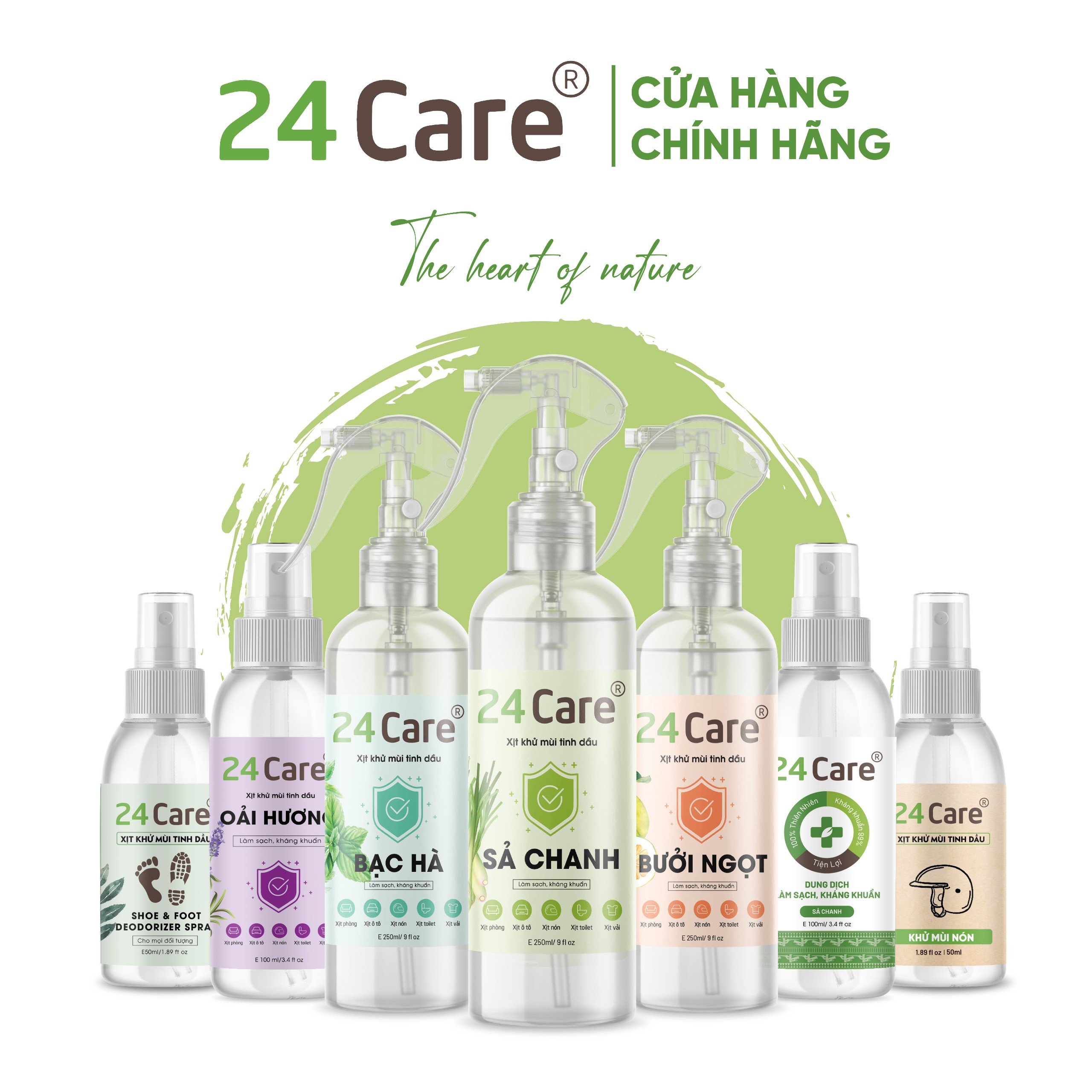 Xịt phòng tinh dầu hữu cơ 24CARE 50ML/100ML/250ML Sả Chanh/ Oải Hương/ Bạc Hà/ Cam/ Ngọc Lan Tây/ Quế/ Bưởi/ Xịt Nhà Tắm - ĐỘC QUYỀN VINAHC