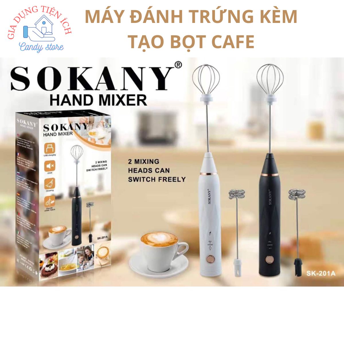 Máy đánh Trứng Kèm Máy Tạo Bọt Cafe Cầm Tay Sonaky Tích Điện, Sạc USB 3 Tốc Độ Siêu Tiện Lợi