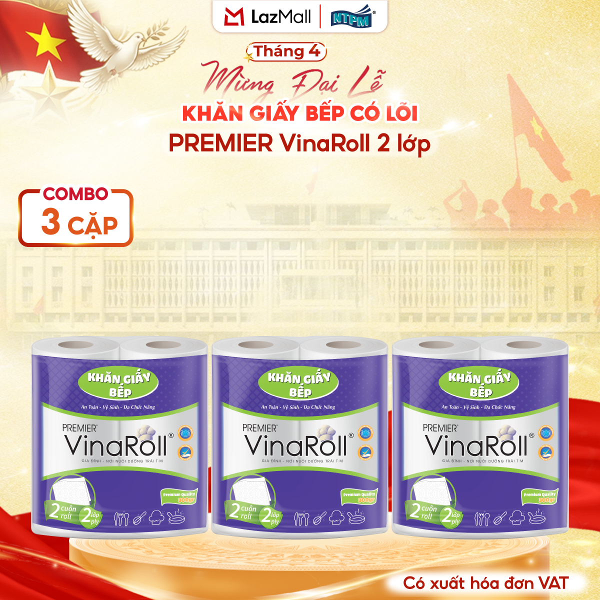 [COMBO 3 LỐC] Khăn giấy bếp PREMIER VinaRoll, 2 lớp – 100% bột giấy nguyên sinh, không chất tẩy, 2 cuộn/lốc – Chính hãng