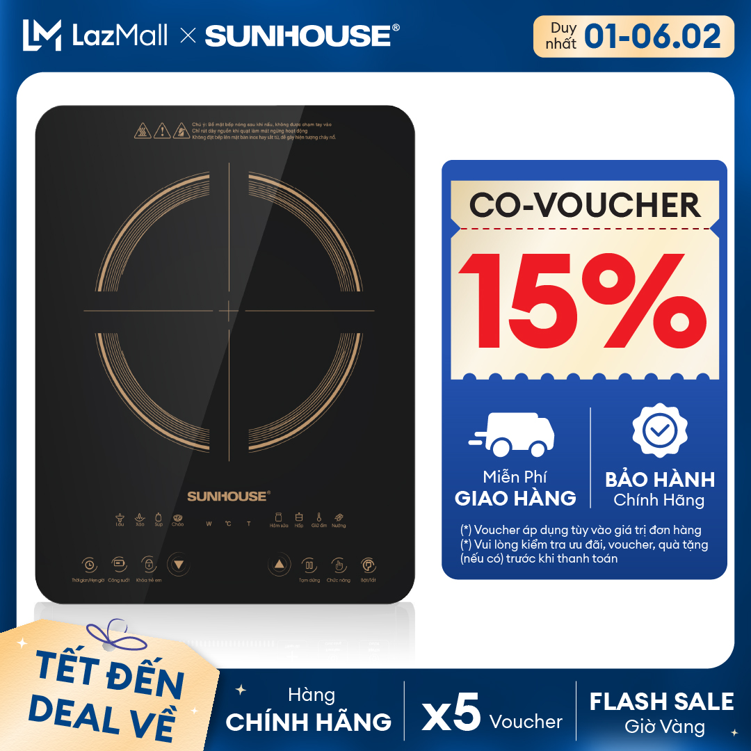 [DEAL SỐC ĐÓN TẾT] Bếp điện từ SUNHOUSE cảm ứng SHD6803 - Công suất 2000W - Kính cường lực siêu bền - 8 chế độ nấu đa dạng - Bảo hành chính hãng 12 tháng