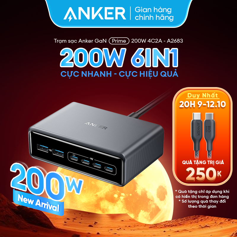 Trạm sạc nhanh Anker Prime 200w GaN 6 cổng hỗ trợ PD sạc nhanh 100W tối đa, dòng sạc tối ưu- A2683