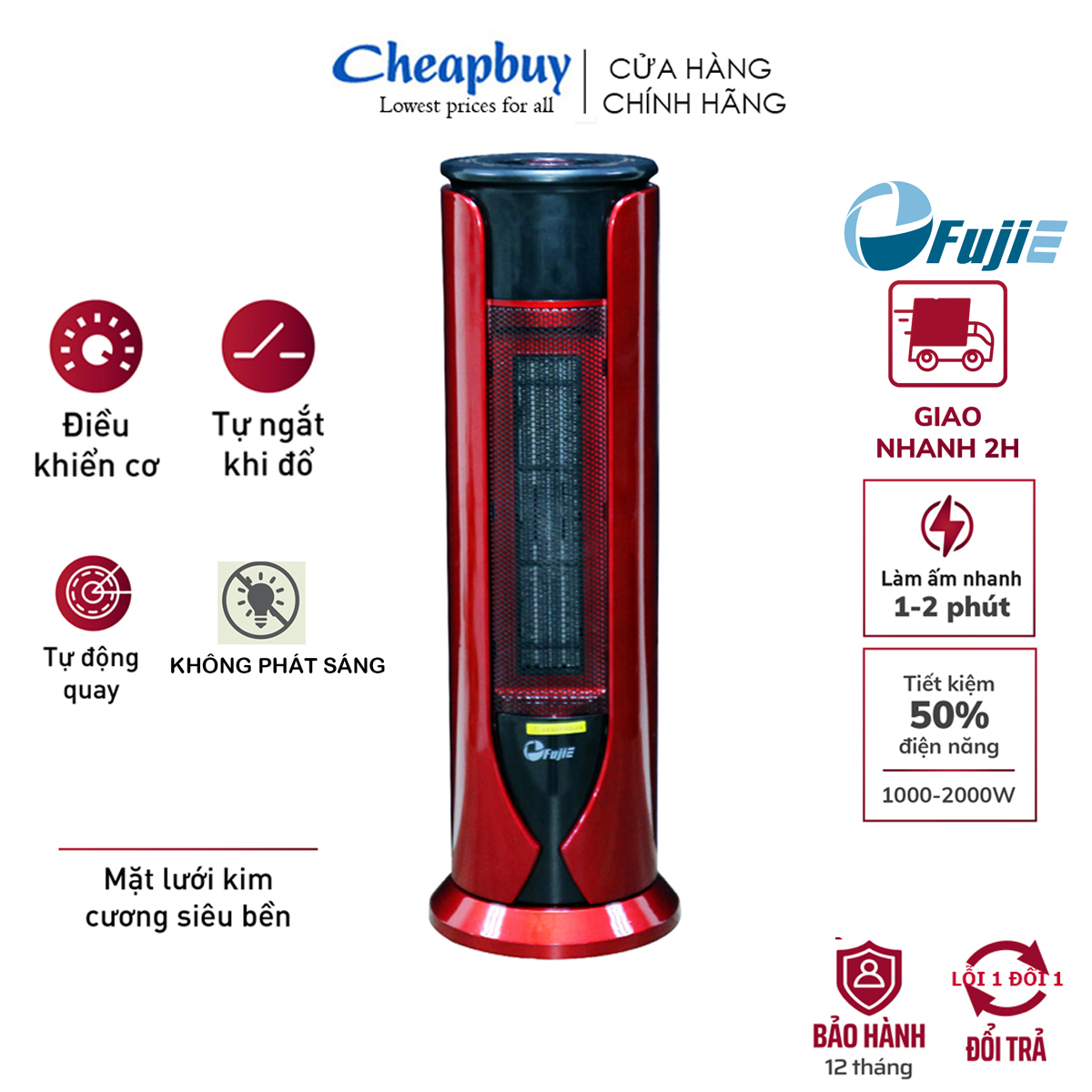 Máy sưởi gốm mini Ceramic để sàn FujiE CH-1600, máy sưởi ấm không đốt oxi, không phát sáng, tự ngắt an toàn, quạt sưởi cho bé