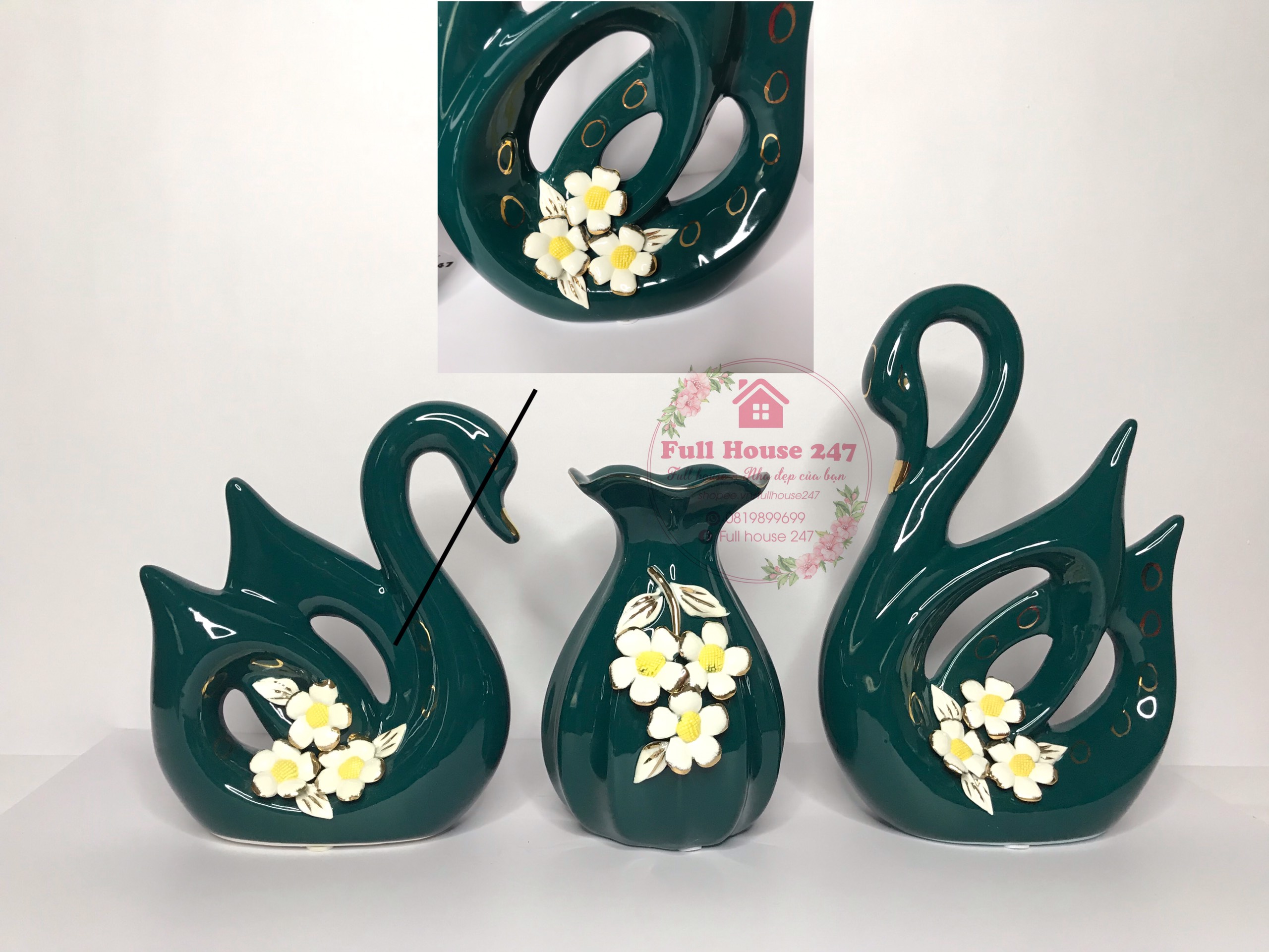 Bộ 3 chi tiết bình hoa và đôi thiên nga xanh hàng gốm sứ decor cao cấp trang trí nhà cửa phòng khách