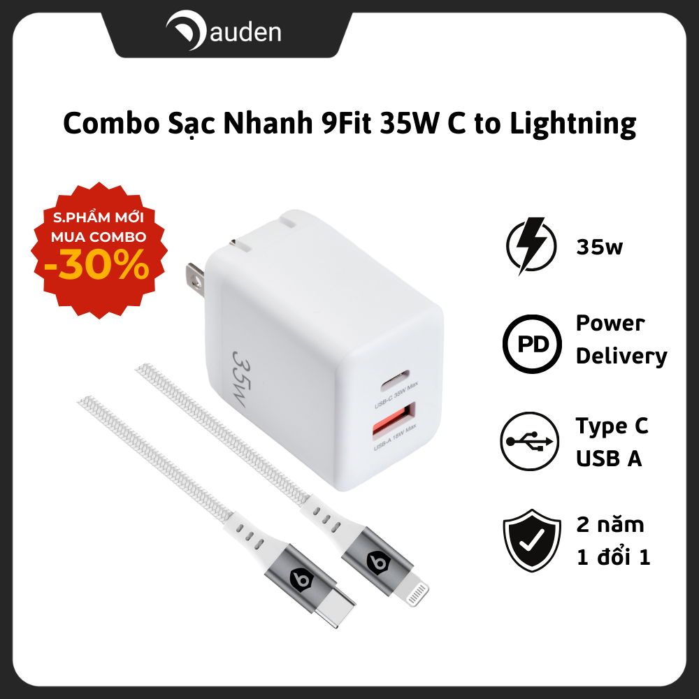 Combo sạc nhanh 35w 9fit củ sạc 35w 2 cổng 1 usb - a 1 type c kèm dây cáp c to lightning 1m chuẩn sạc nhanh hàng chính hãng bảo hành 2 năm