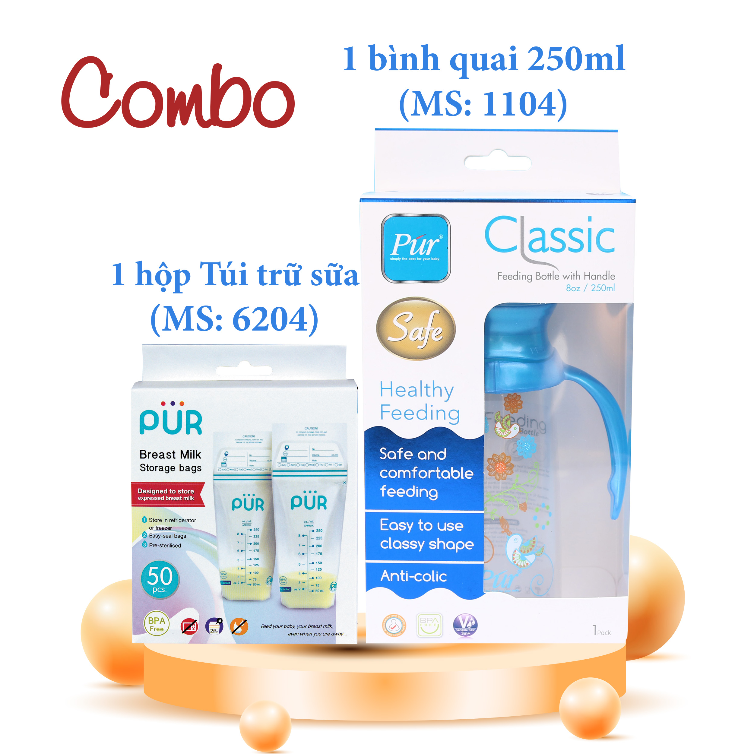 Combo Hộp túi trữ sữa Pur + bình Pur 2 quai