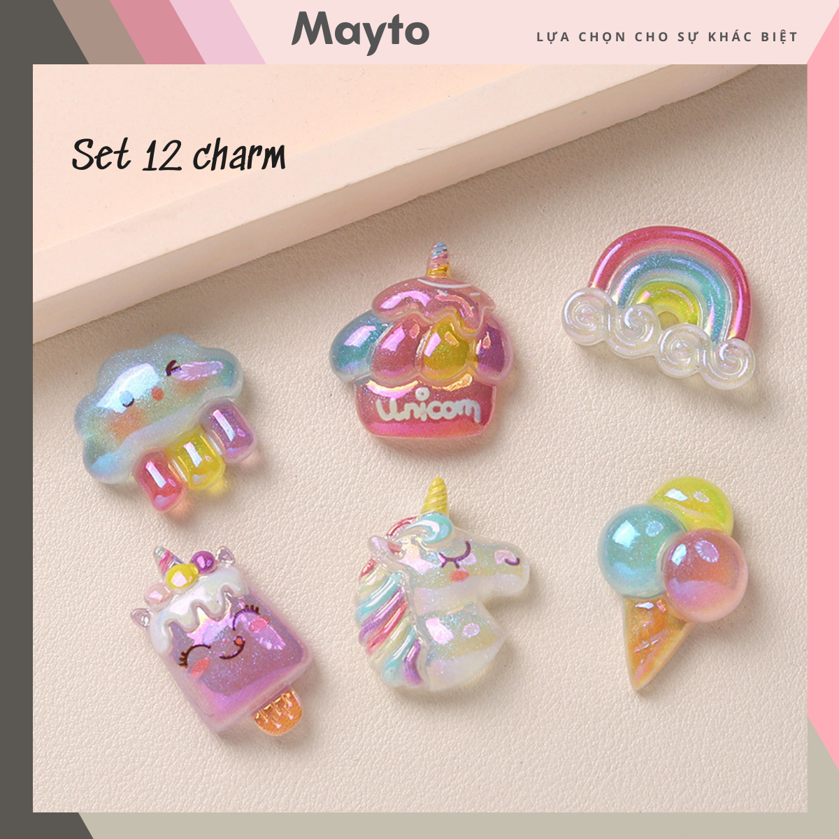 Set 12 Sticker, Charm 3D chủ đề Kem Hologram Mayto gắn Dép Cross, Dép Sục, Cá Sấu JB-262