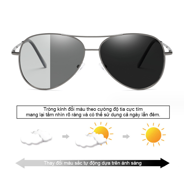 Kính mát nam polarized kiểu phi công kim loại chống vỡ và đổi màu ngoài nắng