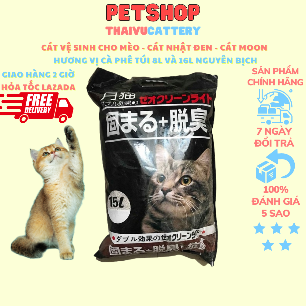Cát vệ sinh cho mèo - Cát nhật đen - Moon cat, Hương vị cà phê túi 8l và 16l Nguyên bịch vón khử mùi tốt