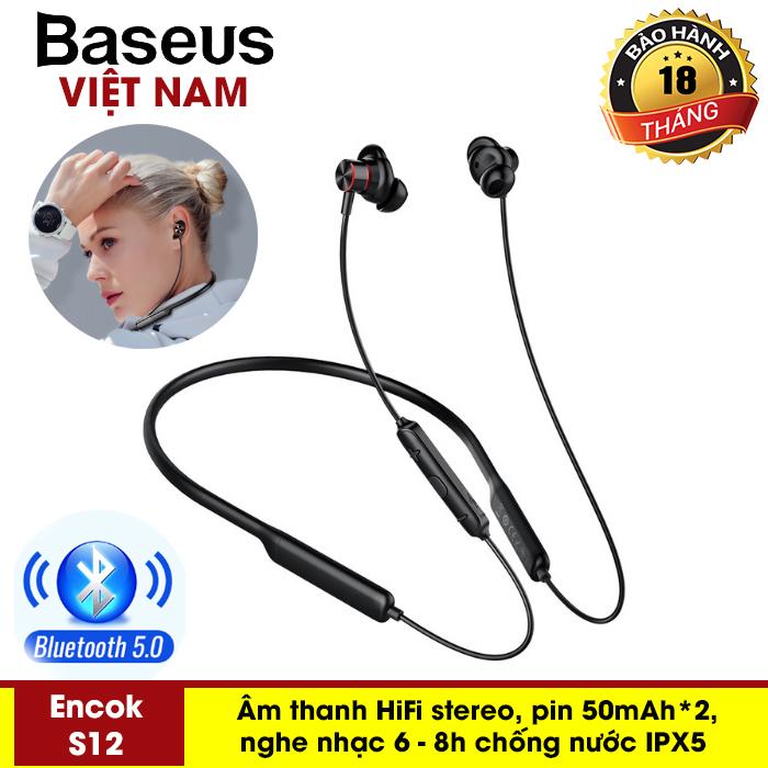 Tai Nghe không dây Baseus S12 Cho Điện Thoại iPhone, Samsung, Huawei, Oppo, Xiaomi công nghệ Bluetooth 5.0 Âm thanh HIFI stereo, siêu Bass tích hợp mic đàm thoại, pin lâu nghe nhạc 6-8h, chống nước IPX5