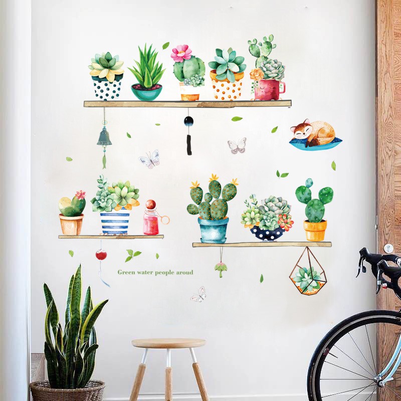 Decal dán tường tranh dán tường chậu cây hoa xương rồng mẫu mới siêu dễ thương