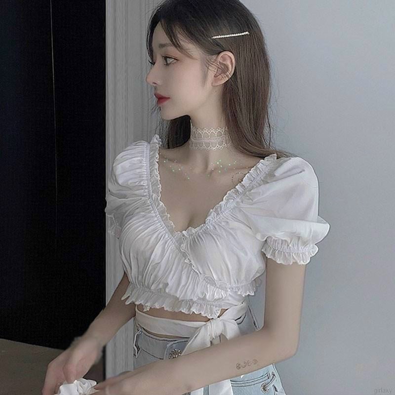 Áo croptop nhún bèo cột nơ eo