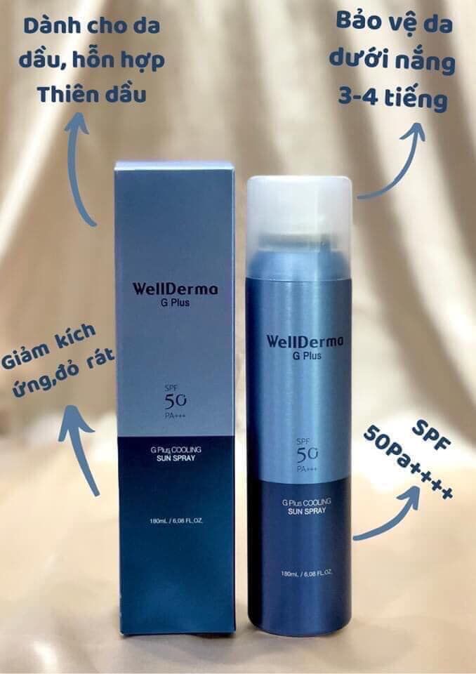 [HCM][Dạng Xịt] Chống Nắng Chống Thấm Nước Chống Trôi Giảm Nhiệt Làm Mát Da Wellderma G PLus Cooling Sun Spray SPF 50 PA+++ 180ml