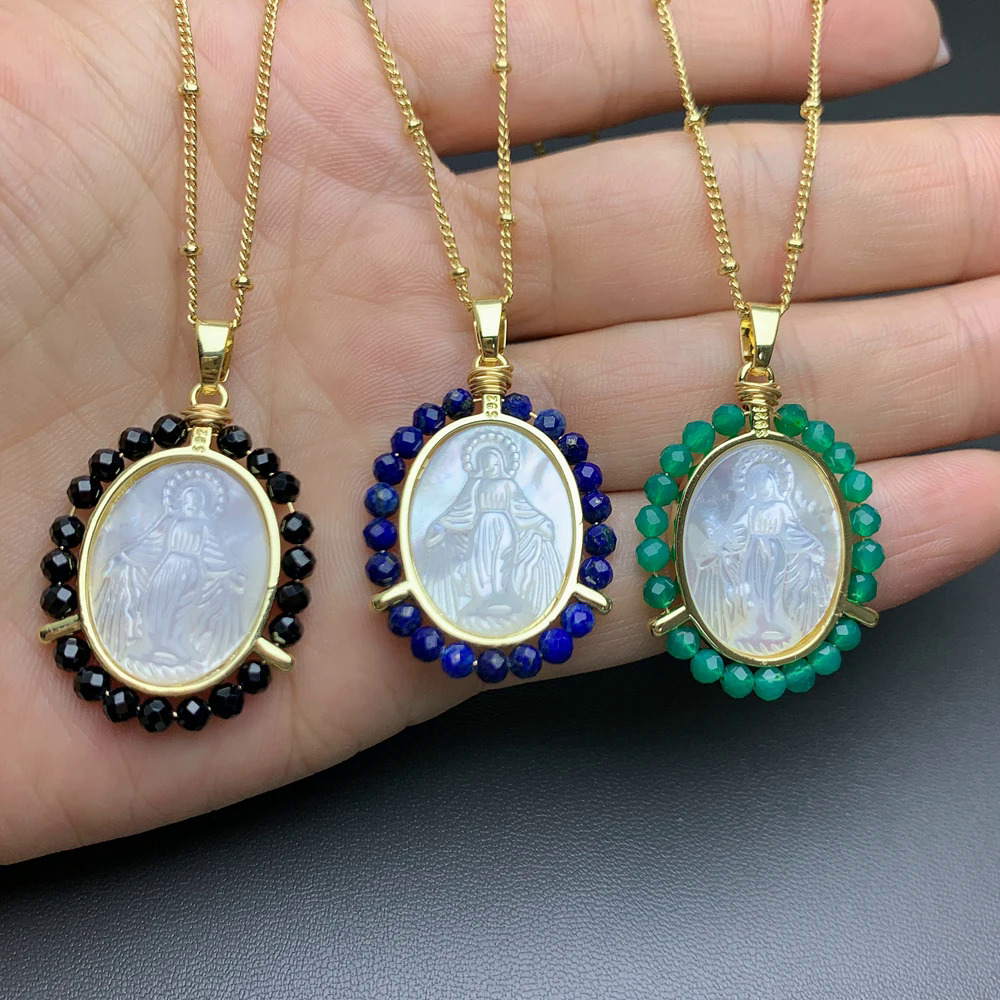 Đá tự nhiên hạt vỏ biển thánh Trinh Nữ Mary Vòng cổ phụ nữ Lapis Lazuli huy chương Mặt dây chuyền Tôn Giáo trang sức cho ngày của mẹ