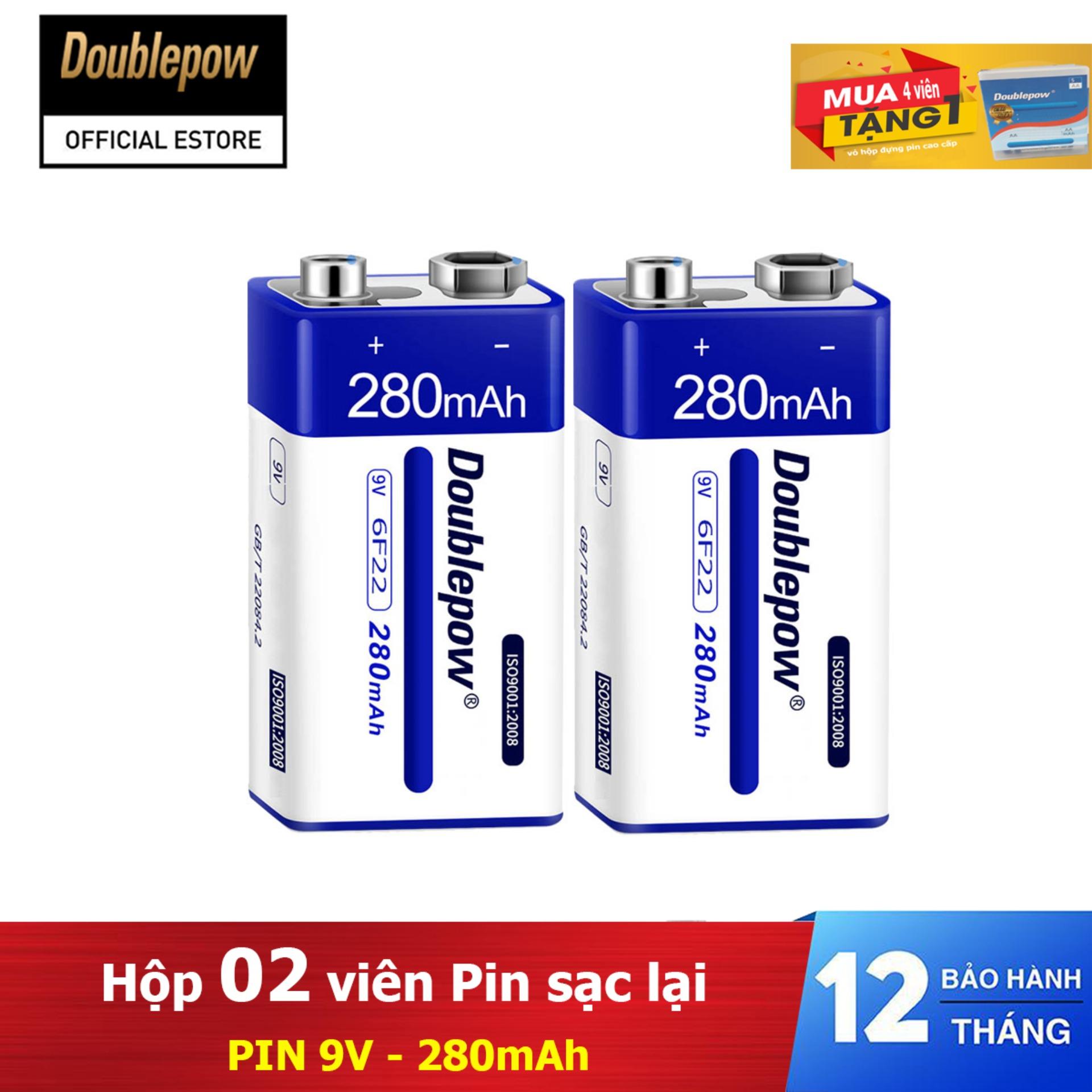 Hộp 02 viên Pin vuông sạc lại 6F22 - 9V 280mAh Doublepow