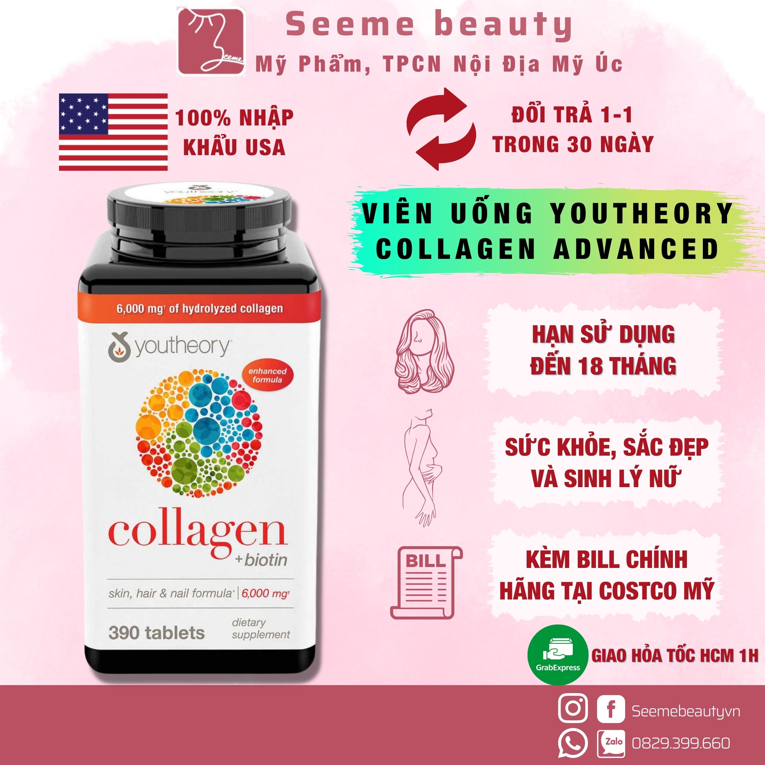 [HOÀN TIỀN 15%] [Bill Mỹ - Mẫu mới] Viên Uống Youtheory Collagen Advanced 390 Viên Type 1 2 3 Chính Hãng
