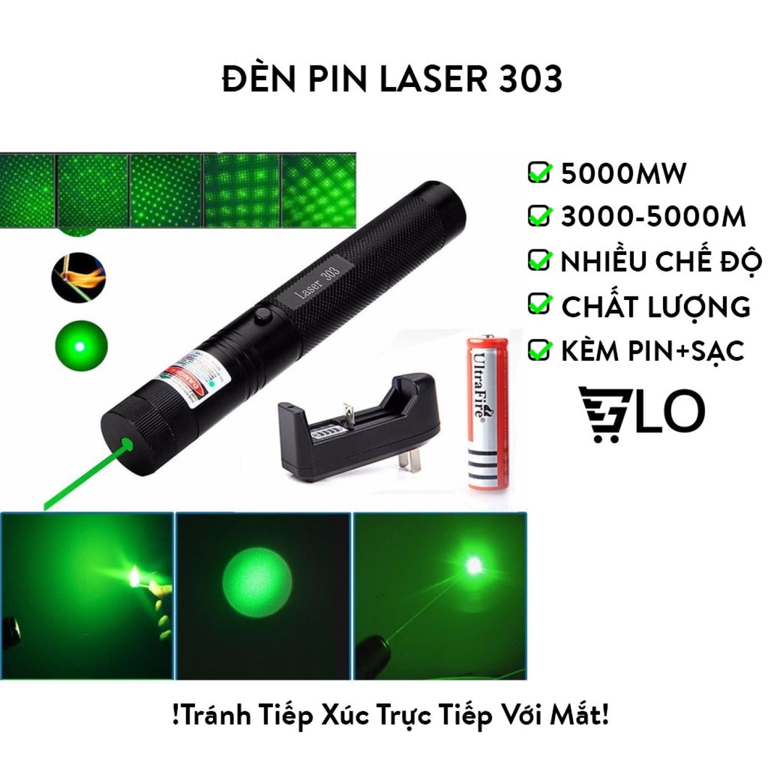 Đèn pin laser 303 xanh lá, cực mạnh chiếu xa + phụ kiện chiếu sao vạn hoa, dùng pin sạc