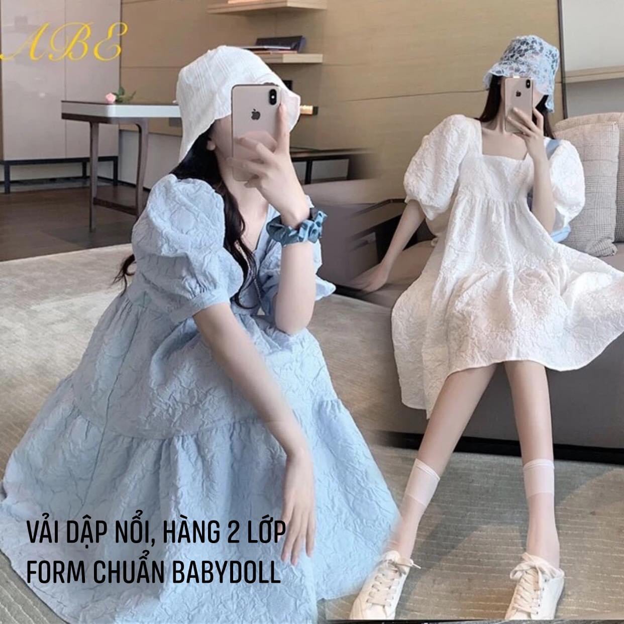 Váy babydoll cổ vuông hàng 2 lớp hoa nổi cực xinh