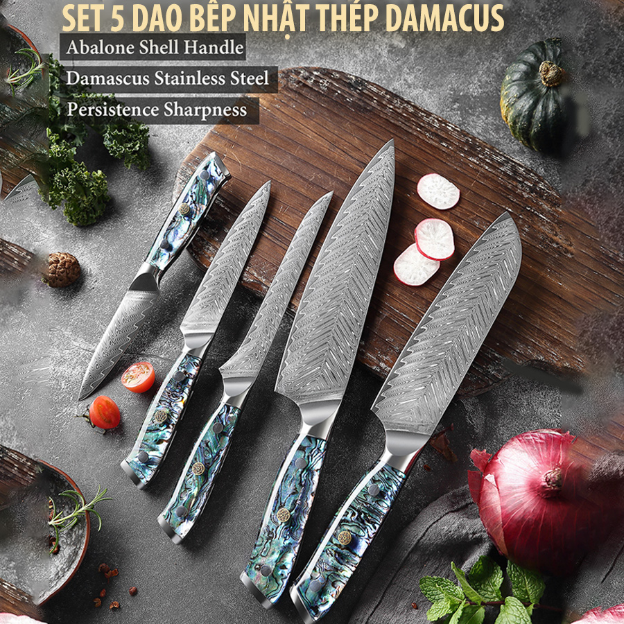 Bộ dao bếp 5 món Nhật Bản thép damacus cao cấp không gỉ có bán rời