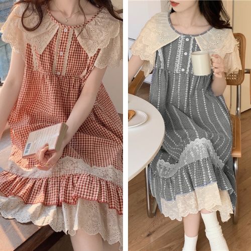 Váy mặc nhà nữ sọc caro đỏ cổ bèo ren quảng châu