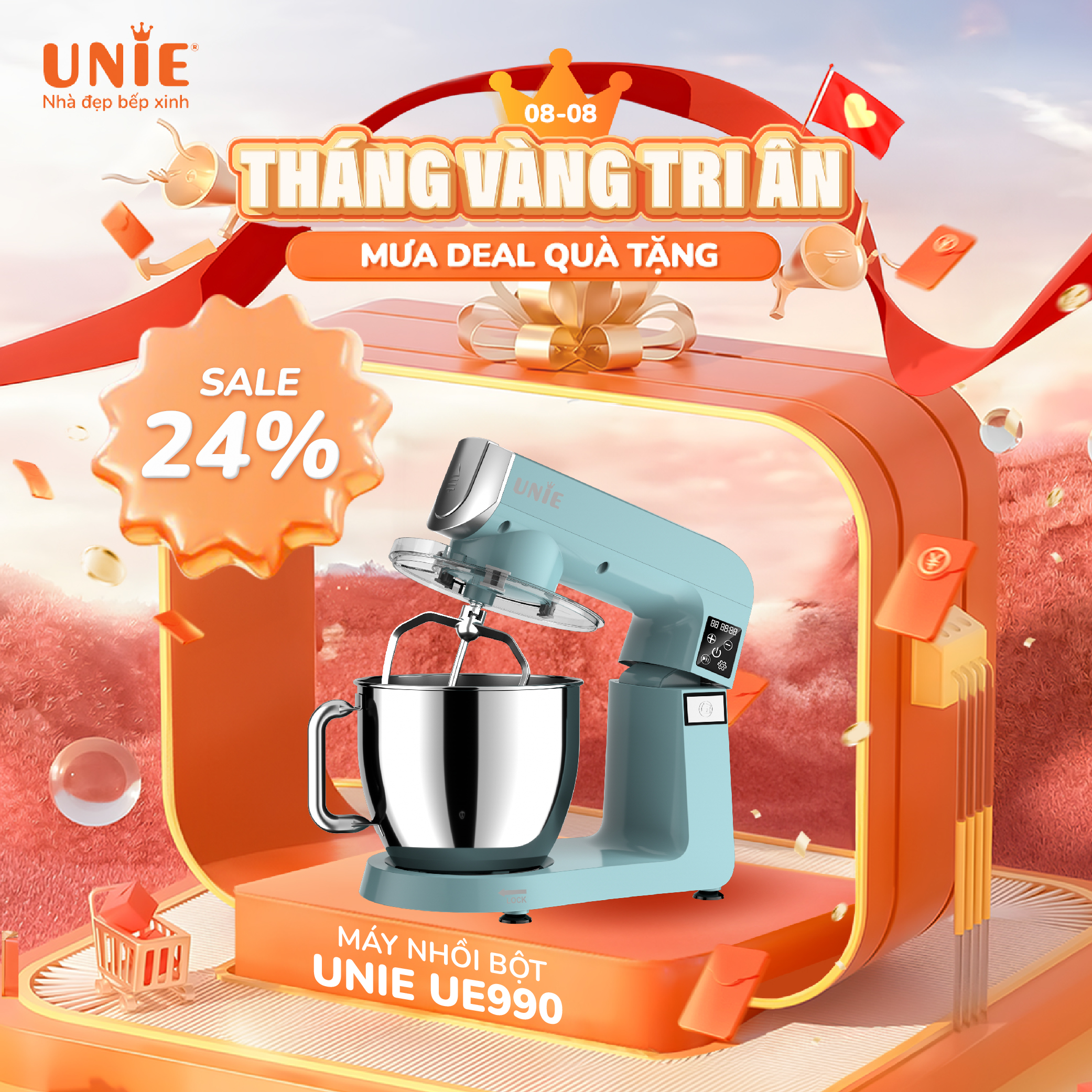 Máy nhồi bột Unie UE-990 công suất 1800W dung tích 6.5L, 10 tốc độ tùy chỉnh, chất liệu thân kim loại nguyên khối, vỏ sơn tĩnh điện - Bảo hành chính hãng 12 tháng