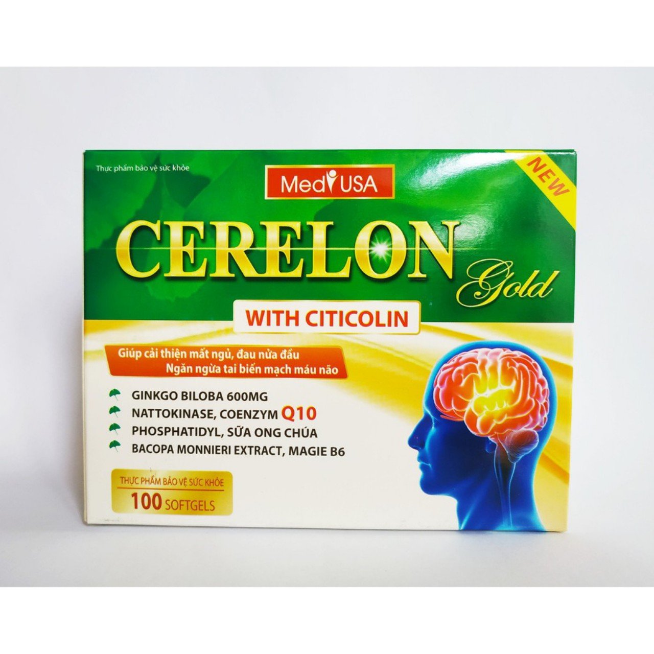 Viên Uống Bổ Não Ginkgo Biloba Extract 600mg Cerelon Gold Mediu USA- Giảm Rối Loạn Tiền Đình, Giảm Đau Đầu , Mất Ngủ, Hoa Mắt Chóng Mặt- hộp 100 viên