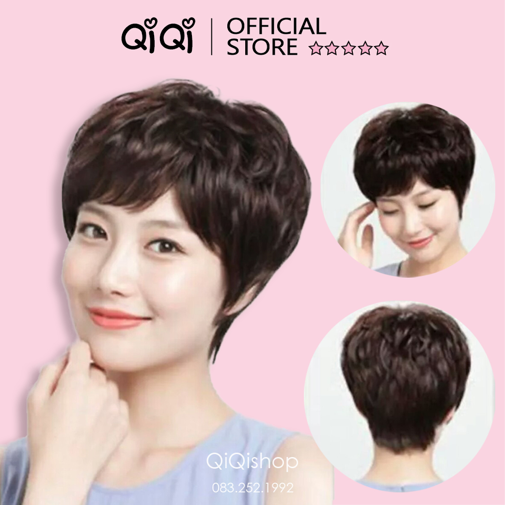  Bộ Tóc Giả Nguyên Đầu Ngắn Xoăn Nhẹ Trung Niên Qiqishop  TN01 