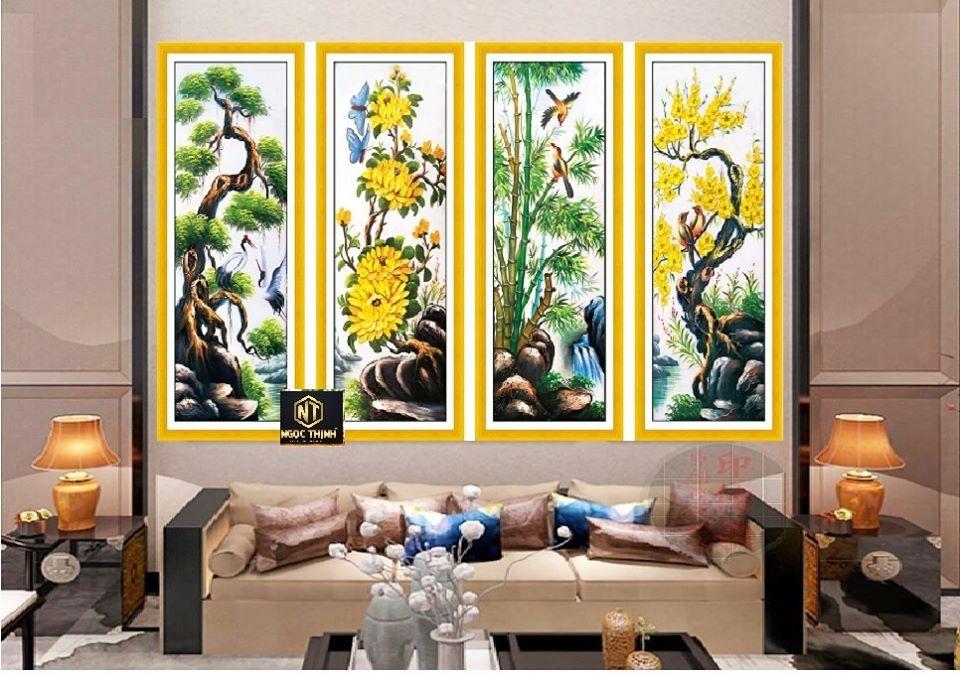 Tranh thêu chữ thập bộ tứ Đào Trúc Cúc Tùng kích thước MN0121 kích thước 146x100cm
