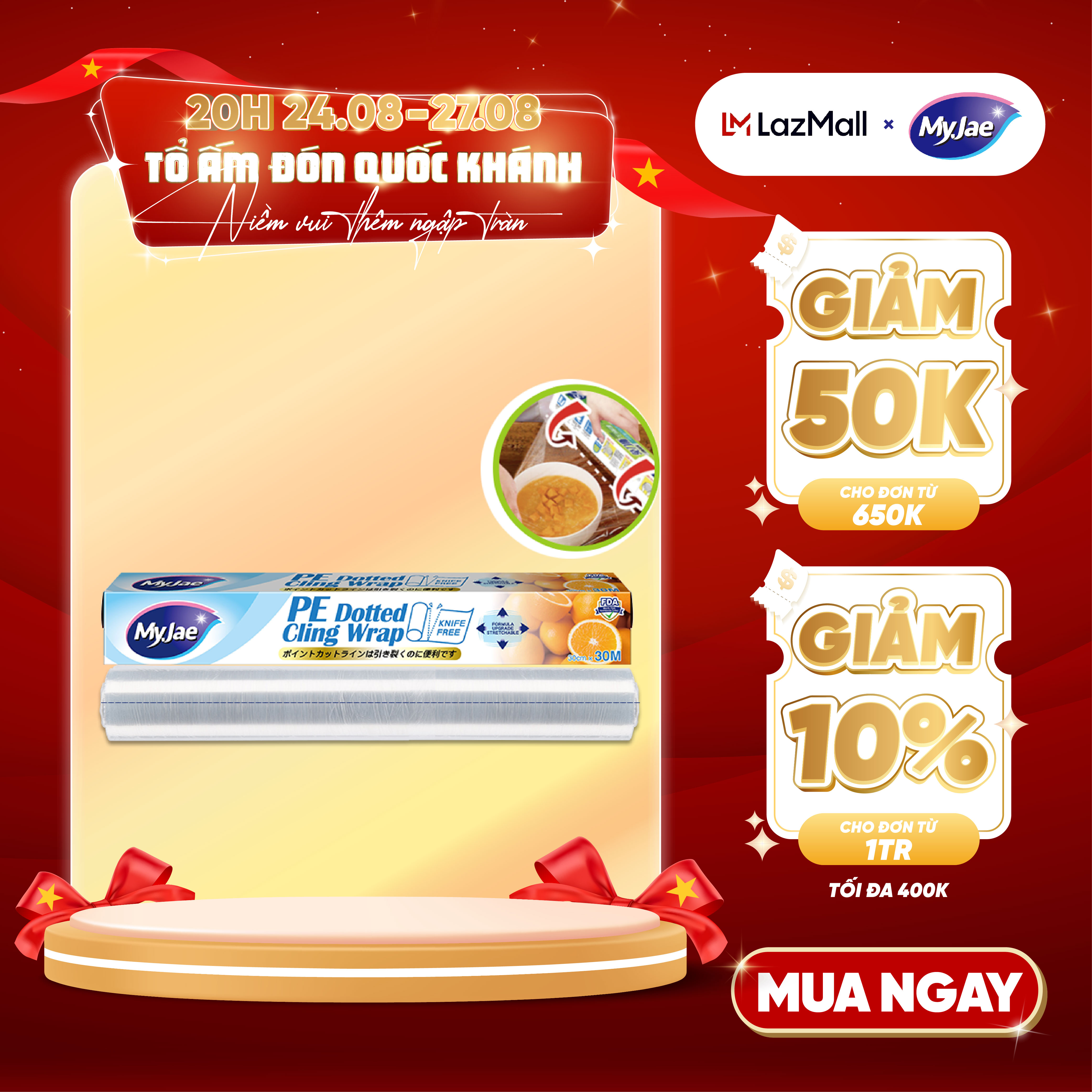 Màng bọc thực phẩm PE 30M MyJae, dạng xé chấm đứt ,co giãn tốt, bảo quản thực phẩm