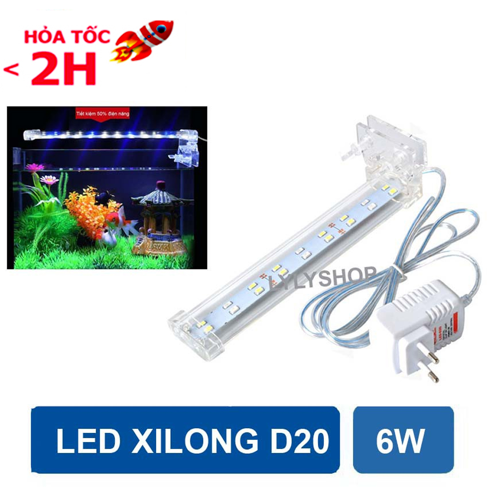 Đèn bể cá mini 25cm - 35cm XILONG D20 công suất 6W, dài 22cm, ánh sáng trắng xanh cao cấp