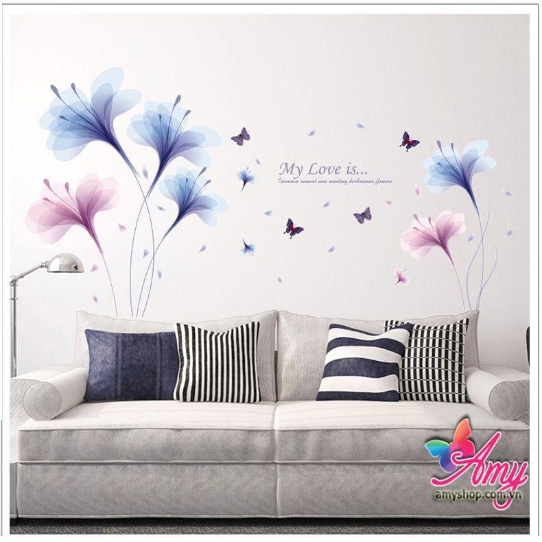 Decal dán tường hoa pha lê tím xanh