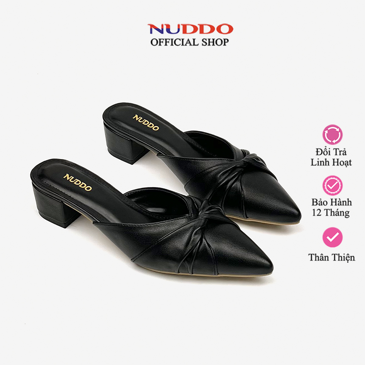  Giày Sục Nữ Mũi Nhọn Đế Vuông 3 Phân Dép Guốc da mềm Phối Nơ Thời Trang NUDDO _ NUSU3 