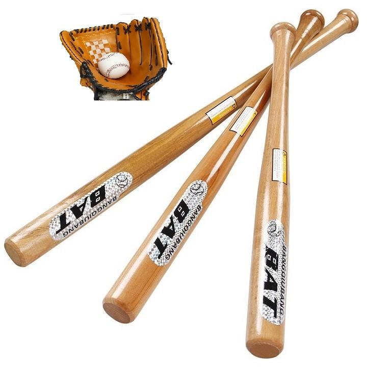 Combo gậy gỗ + quả bóng da mềm + găng tay bắt bóng