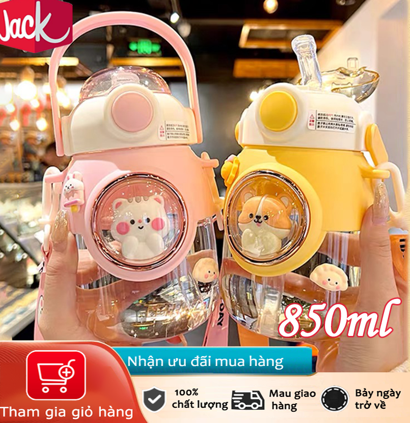 Bình Nước Cho Bé Màu Sắc Dễ Thương Dung Tích 850ml Chống Tràn, Có Ống Hút Silicon Kèm Dây Đeo