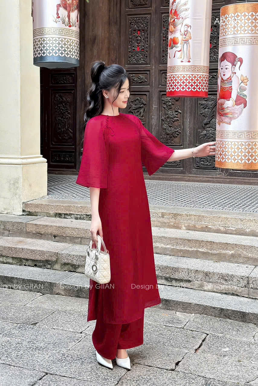  Set áo dài đỏ cách tân chất tuyết nhung dáng suông 4 tà cổ tròn tay loe đính nơ dự tiệc cưới hỏi lễ tết cực đẹp 