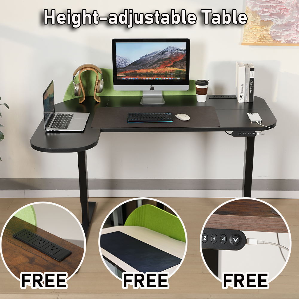L-shaped Table Electrically Adjustable Height 150cm x68/101cm Standing Desks With USB Wheels Max hei