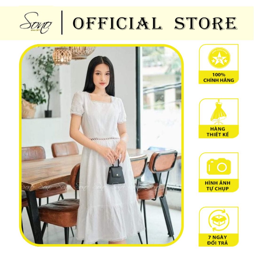 Sono - đầm linen cổ vuông ren eo váy xòe thiết kế hàng cao cấp
